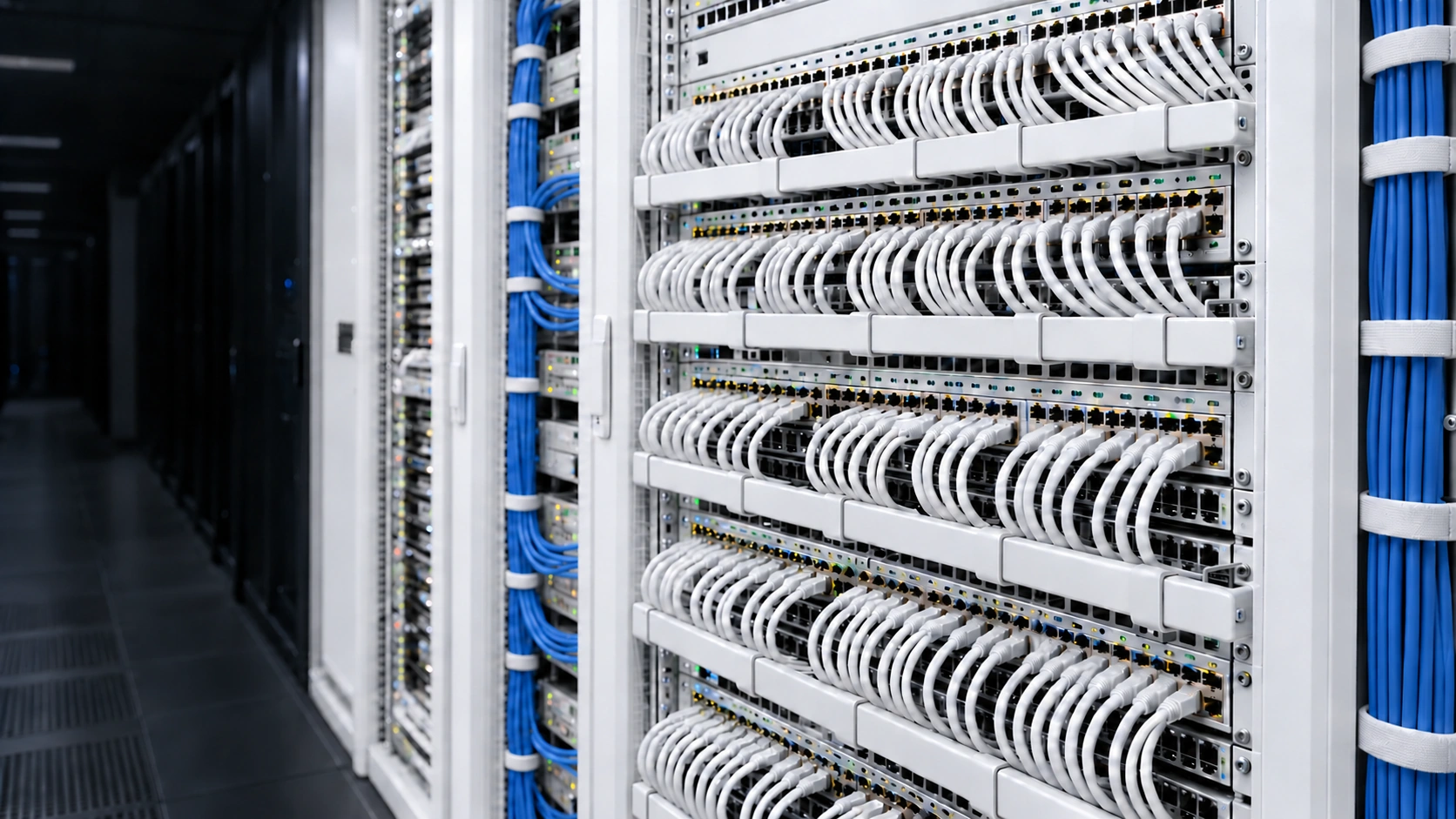 Detailed view of white patch cables, white network switches, and blue side cable bundles